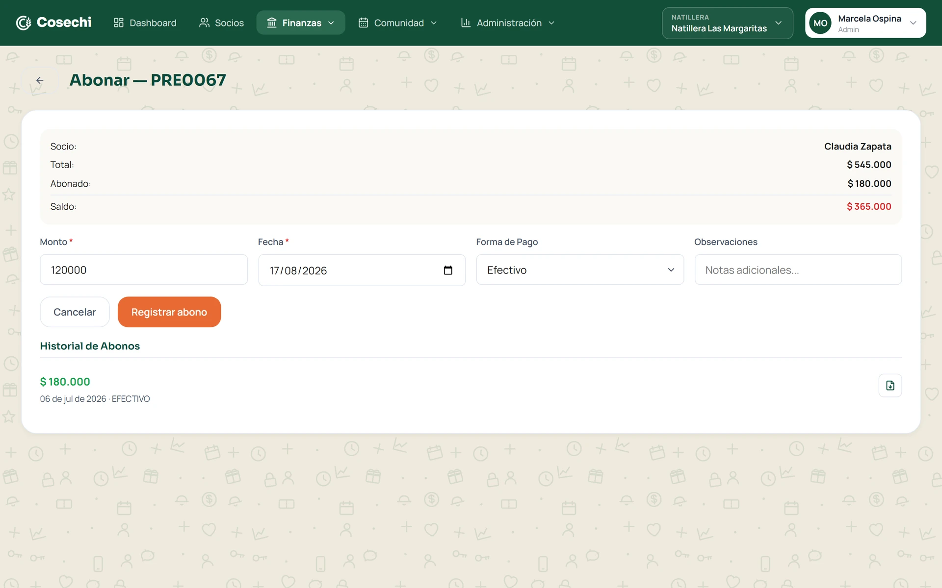 Registro de un abono en Cosechi con el saldo pendiente y el historial de pagos del préstamo