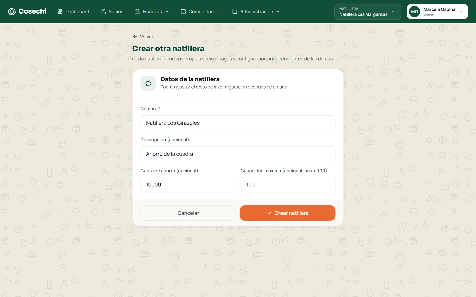 Pantalla de Cosechi para crear una natillera: nombre del grupo, monto del aporte y periodicidad