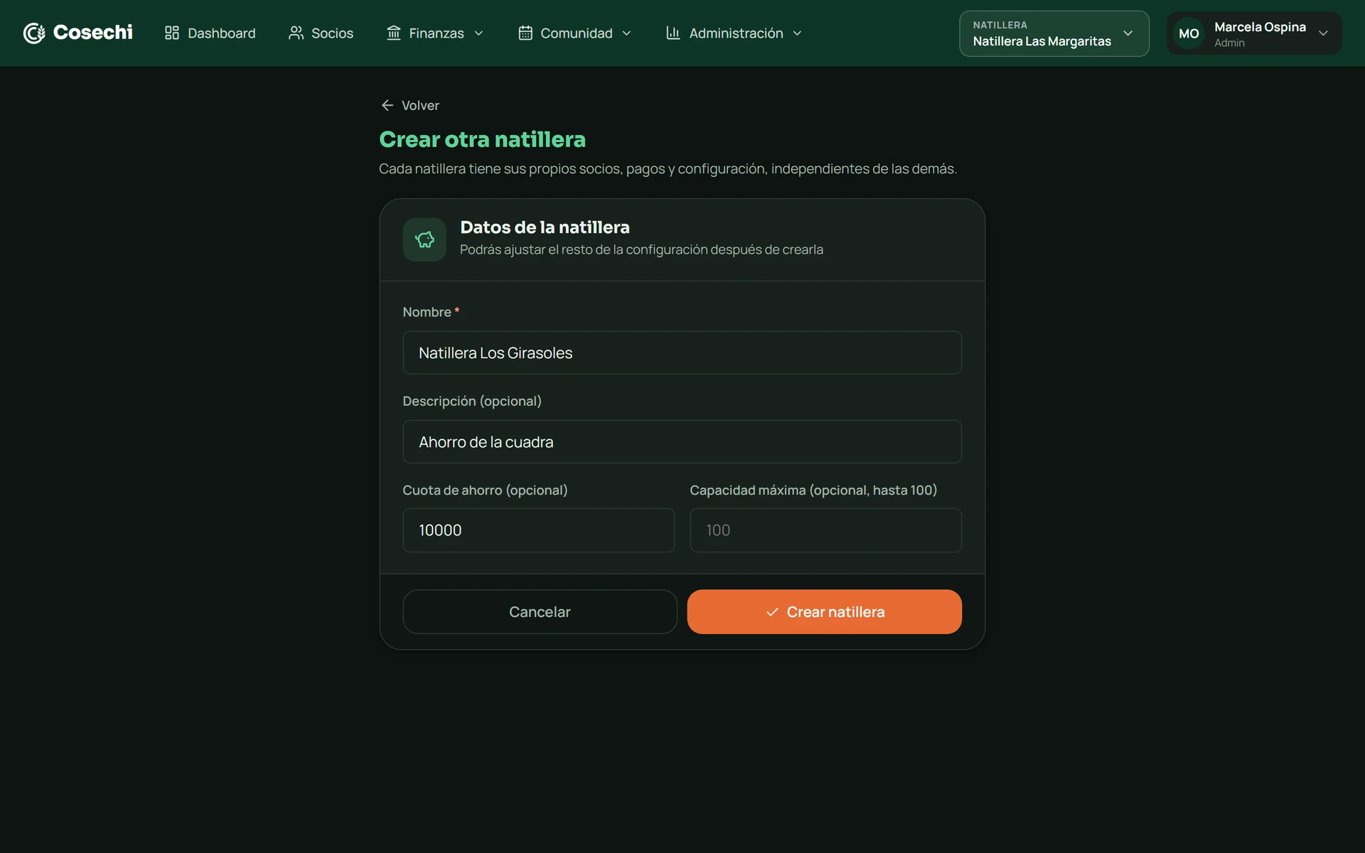 Pantalla de Cosechi para crear una natillera: nombre del grupo, monto del aporte y periodicidad