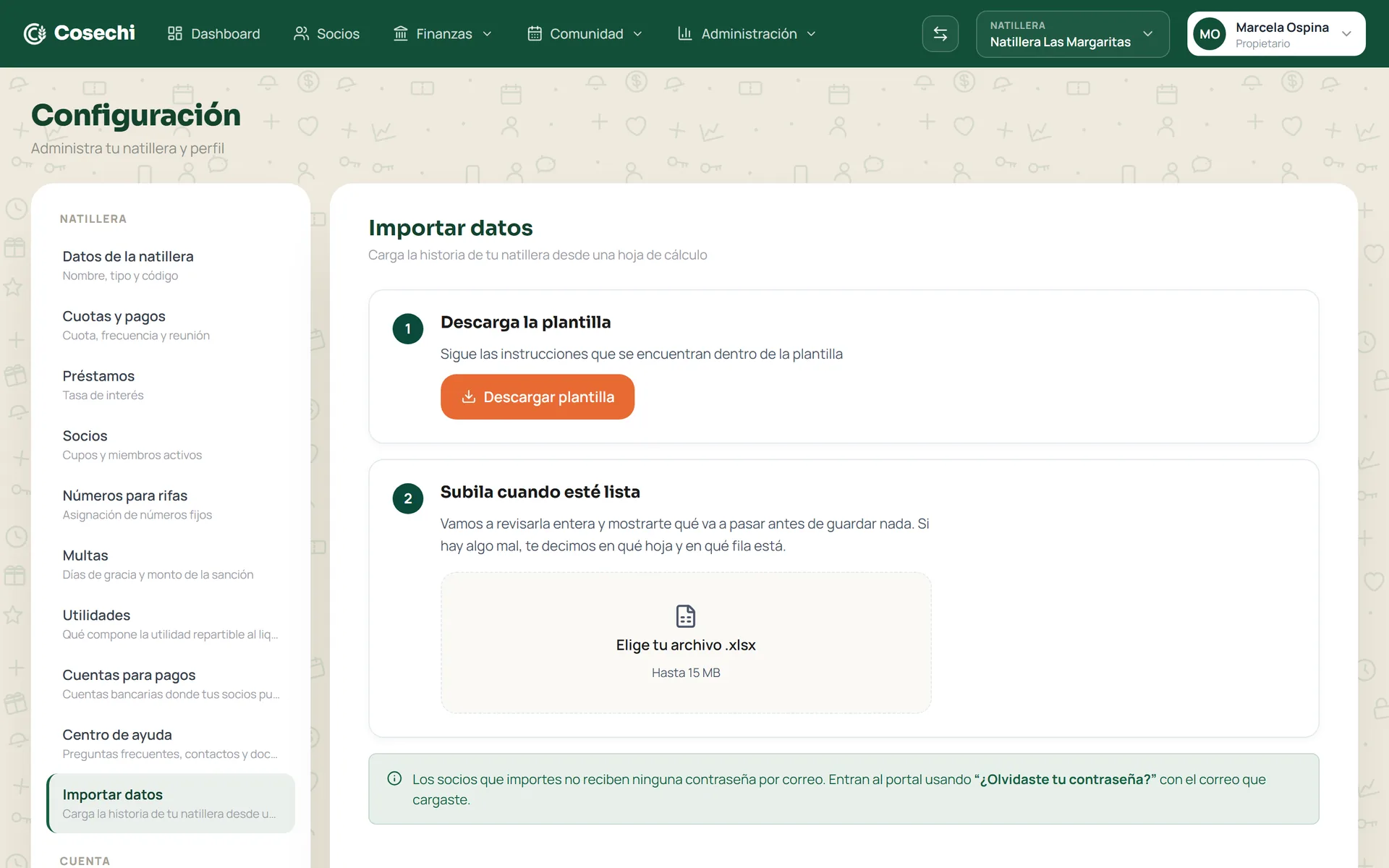Pantalla de importación de Cosechi: descargar la plantilla de Excel y subir el archivo con la historia de la natillera