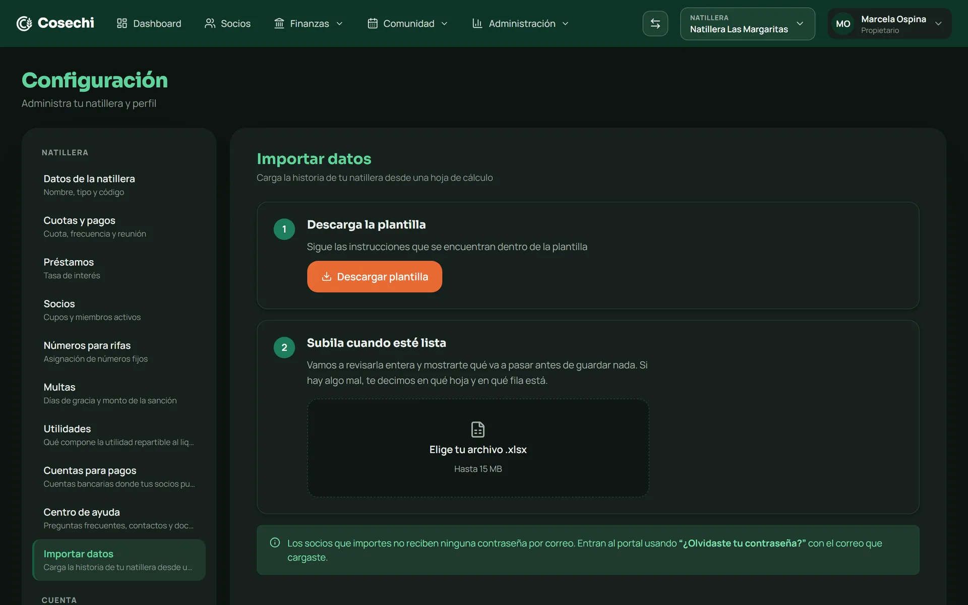 Pantalla de importación de Cosechi: descargar la plantilla de Excel y subir el archivo con la historia de la natillera